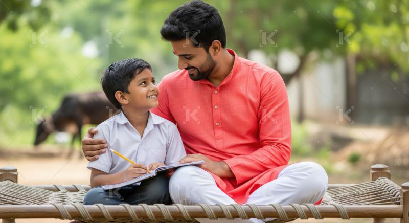 Happy Indian Father and Son Learning Together on Charpoy