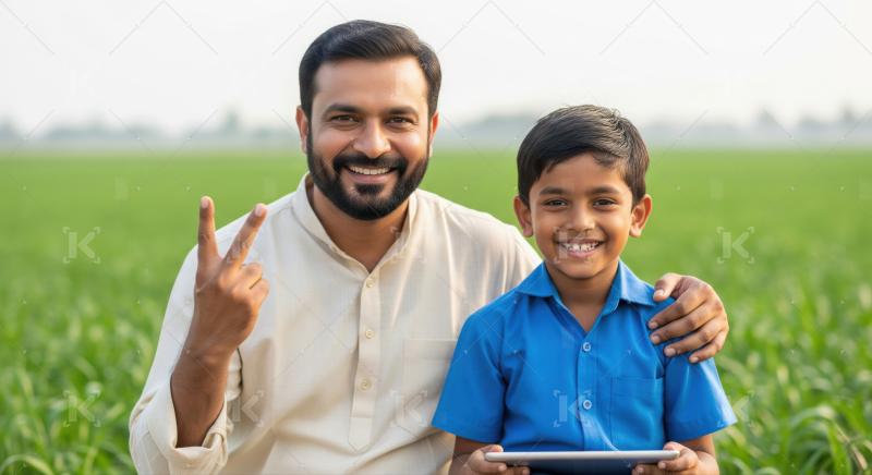 Happy Indian Farmer and Son with Tablet in Field