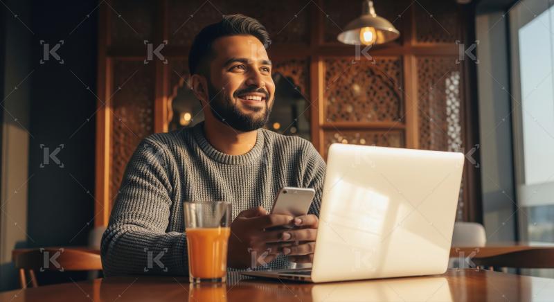 Happy Man Working in Cafe with Laptop and Phone
