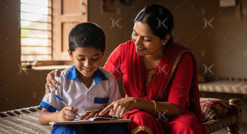 Indian Mother Helping Son with Homework Education at Home