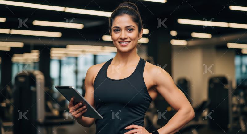 Confident Fitness Trainer Smiling, Holding Tablet in Modern Gym