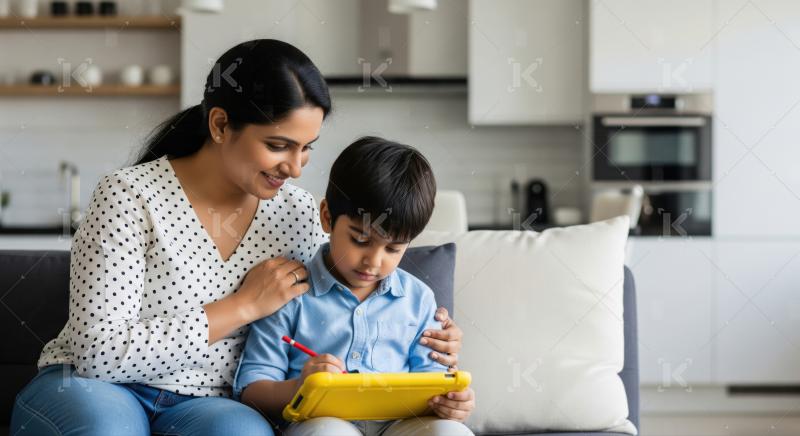 Indian Mother and Son Learning Together with Tablet at Home