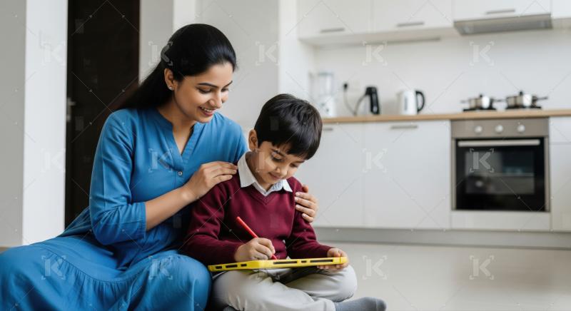 Indian Mother and Son Learning Together at Home