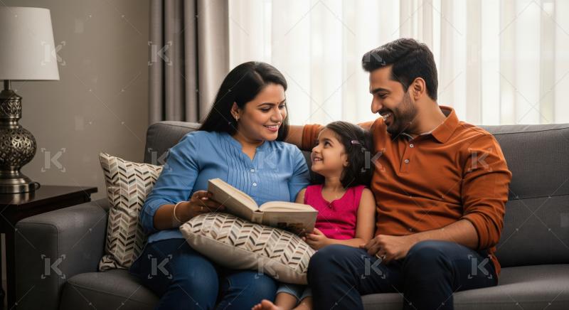 Indian Family Reading Book Together on Sofa at Home