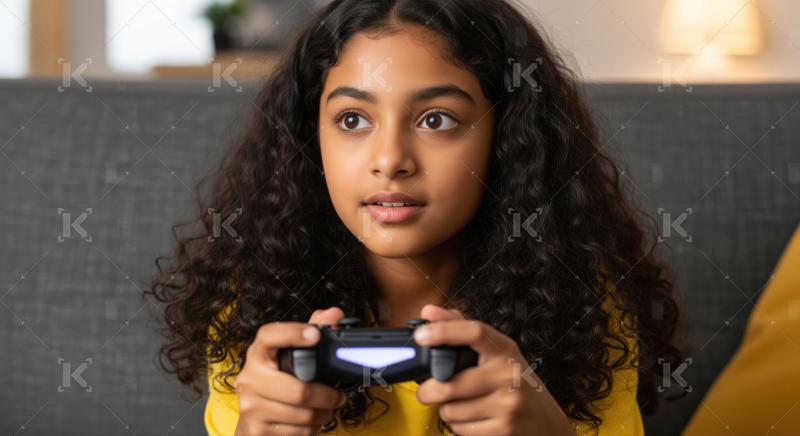 Focused Young Indian Girl Playing Video Games on Couch