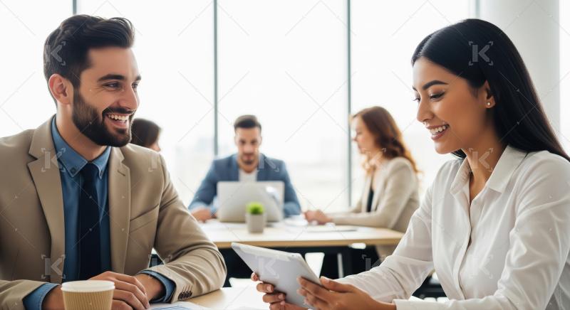 Smiling Business Colleagues Discussing Work, Using Tablet in Off