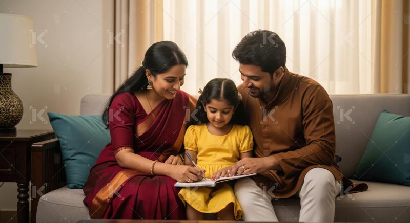 Indian Family Helping Daughter Write Together at Home