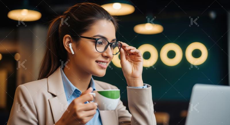 Smiling Businesswoman with Earbuds Adjusting Glasses, Enjoying C