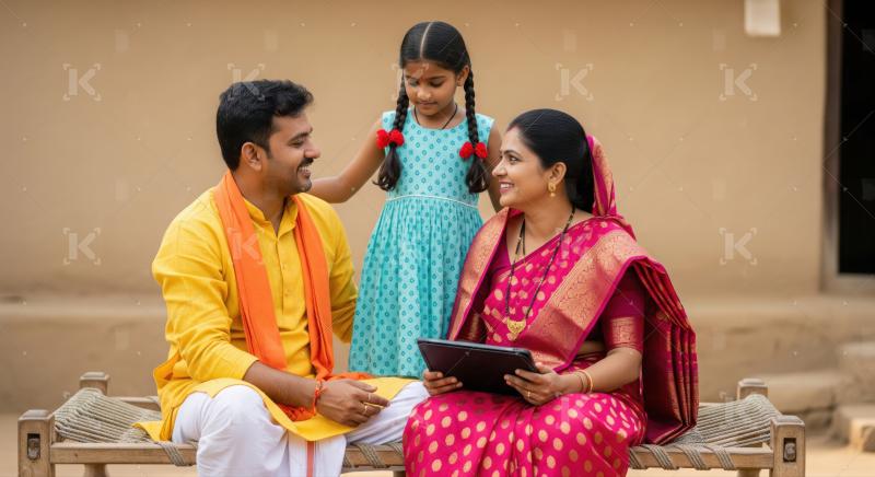 Happy Indian Family Embracing Technology and Tradition on Charpa