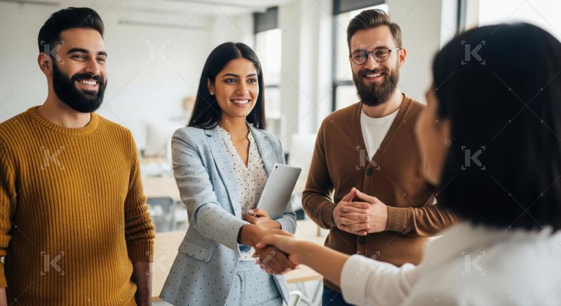 Businesswoman Shakes Hands with Colleague in Modern Office