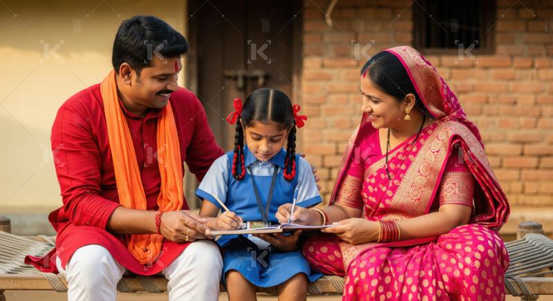 Indian Parents Helping Daughter with Homework at Home