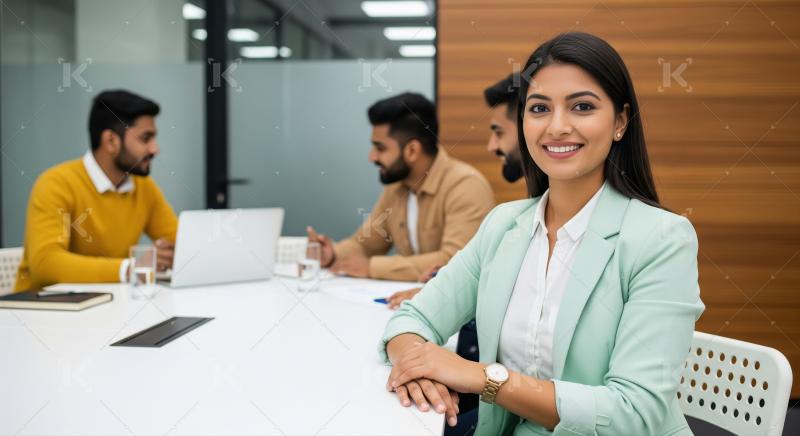 Confident Indian Businesswoman Smiling in Modern Office Meeting