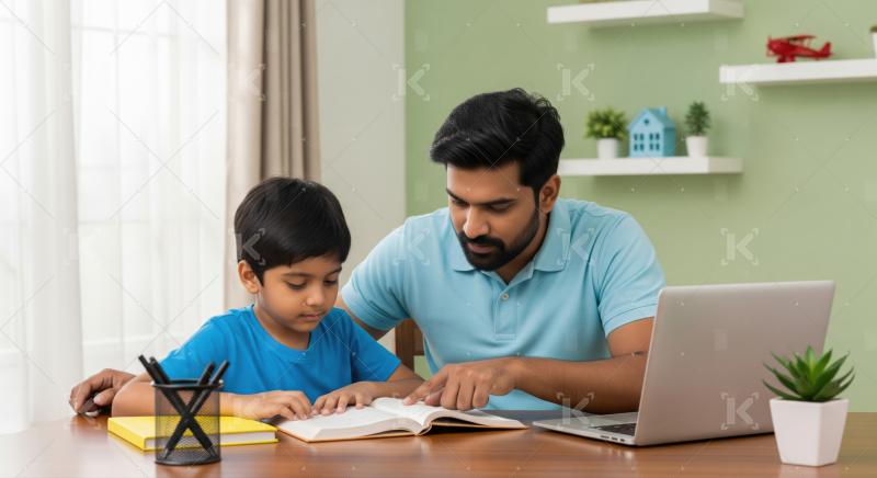 Father and son studying together at home desk.