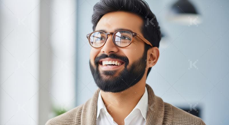 Happy bearded man with glasses smiling in bright office