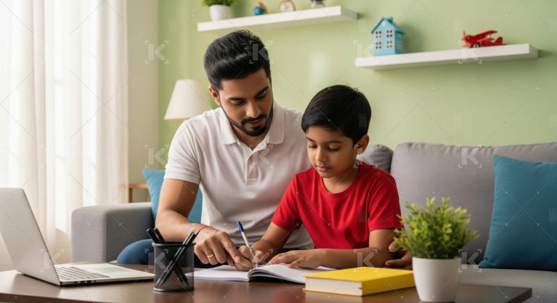 Indian Father Helping Son with Homework and Learning