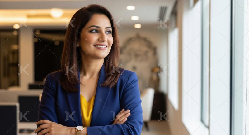 Confident Indian businesswoman smiling in a modern office enviro