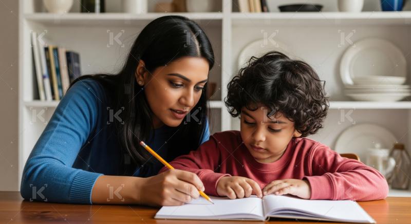 Mother helps son with homework at home