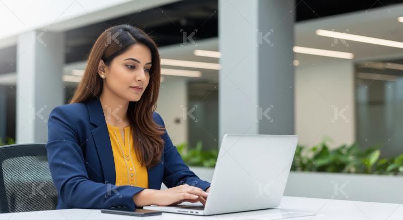 Indian Businesswoman Focused on Laptop in Modern Office Environm