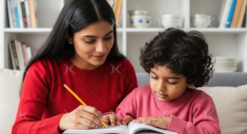 Indian Mother Helps Child Learn Writing Skills at Home