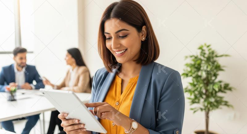 Smiling Indian businesswoman uses digital tablet in modern offic