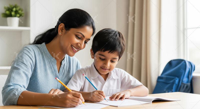 Smiling Indian Mother Helping Son with Schoolwork