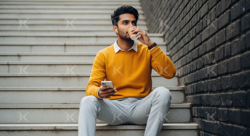 Young Man Enjoying Coffee Break on Urban Stairs