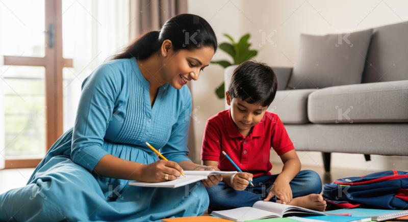 Indian Mother and Son Studying Together at Home