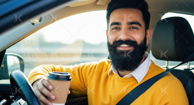 Happy Bearded Man Driving Car with Coffee Cup