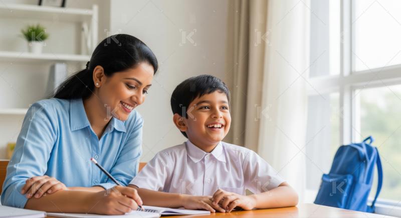 Happy Mother and Son Learning Together at Home