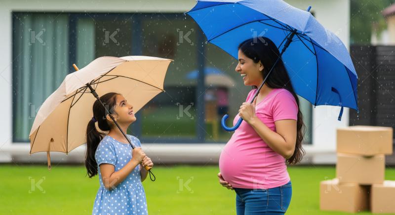 Happy Pregnant Mother and Daughter Enjoy Rain Together