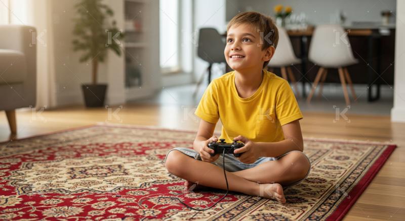 Young Boy Happily Playing Video Game with Controller at Home