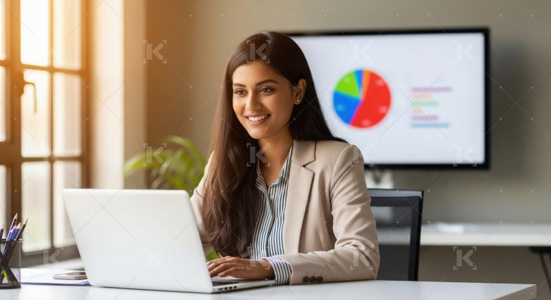 Smiling Businesswoman Working on Laptop in Modern Office with Da