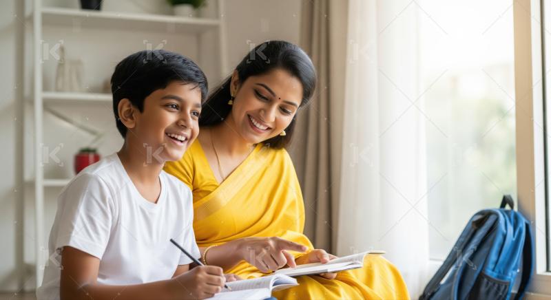 Happy Indian Mother and Son Studying Together at Home