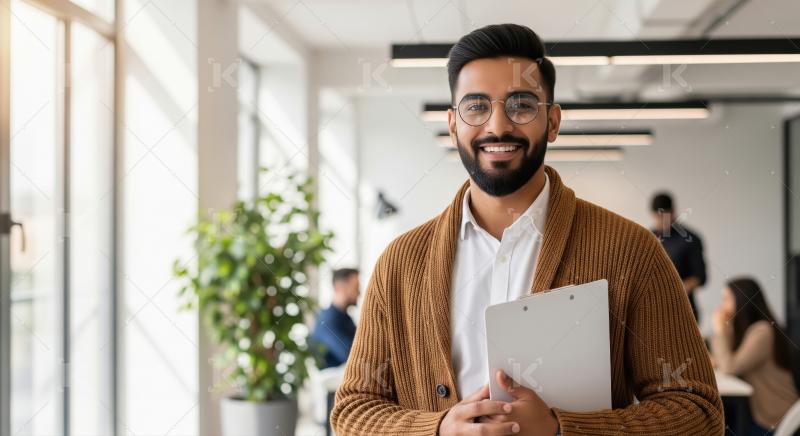 Happy Indian Businessman Smiling in Modern Office Holding Clipbo