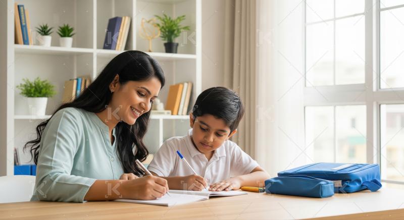 Indian mother helping son with homework at home