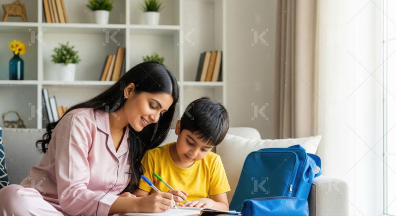 Indian Mother and Son Learning Together at Home