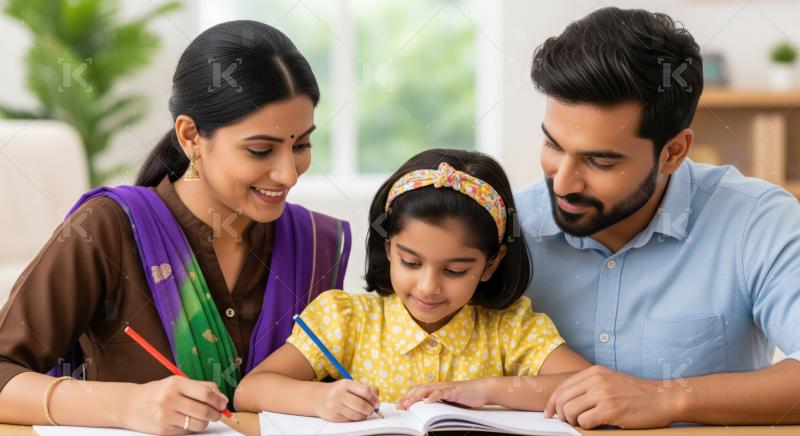 Indian Parents Help Daughter with Homework, Fostering Learning