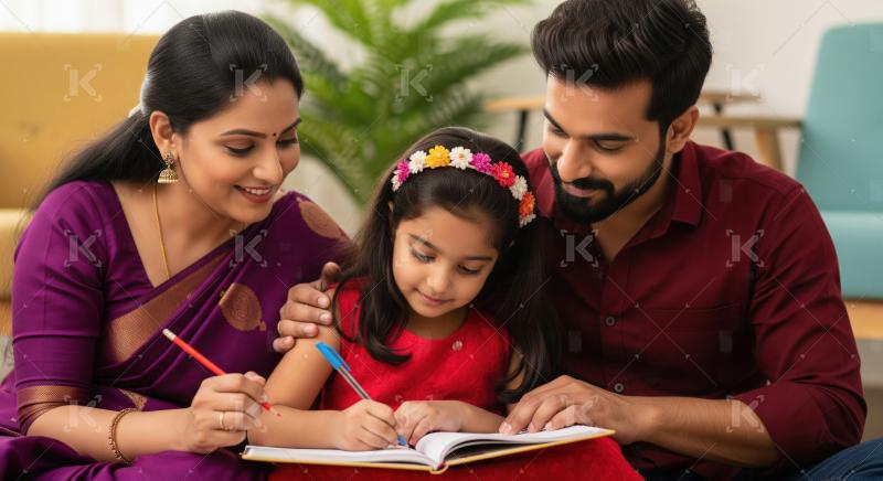 Indian Parents Guiding Daughter's Learning Journey at Home Happi