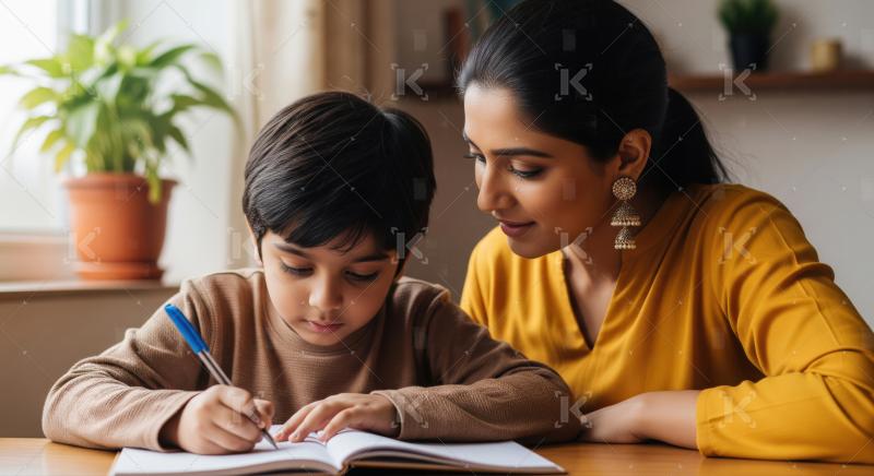 Indian Mother Guiding Son Through Homework and Learning