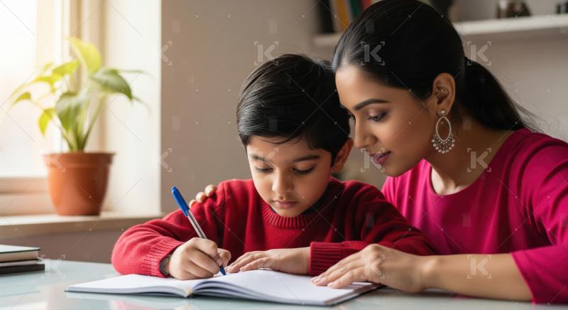 Indian Mother Helps Son with Homework at Home