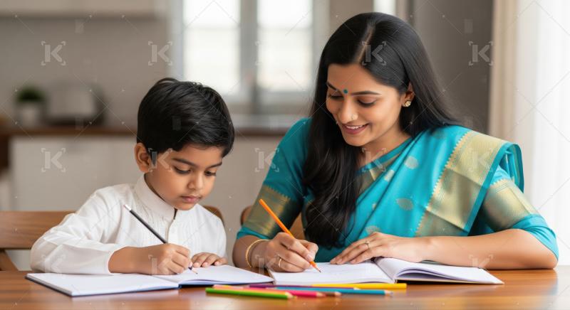 Indian Mother and Son Drawing Together at Home