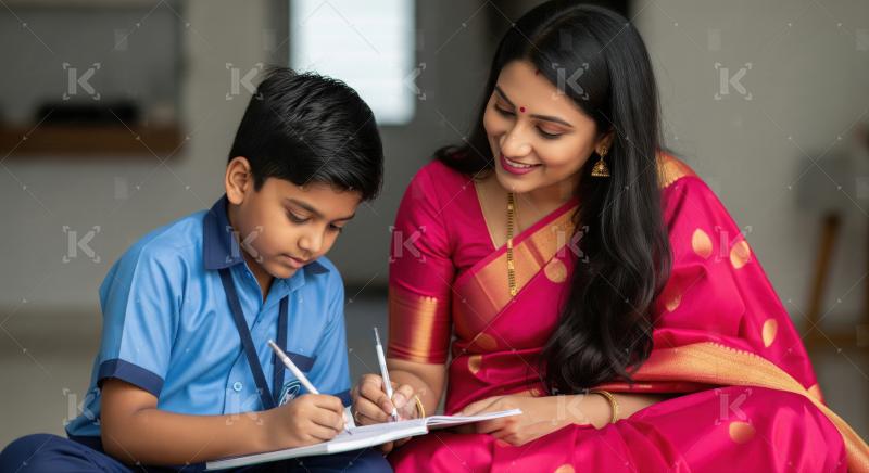 Indian Mother Helps Son with Homework, Sitting on Floor