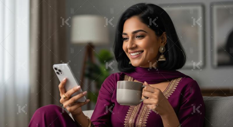 Happy Indian Woman Uses Phone, Sips Drink on Couch