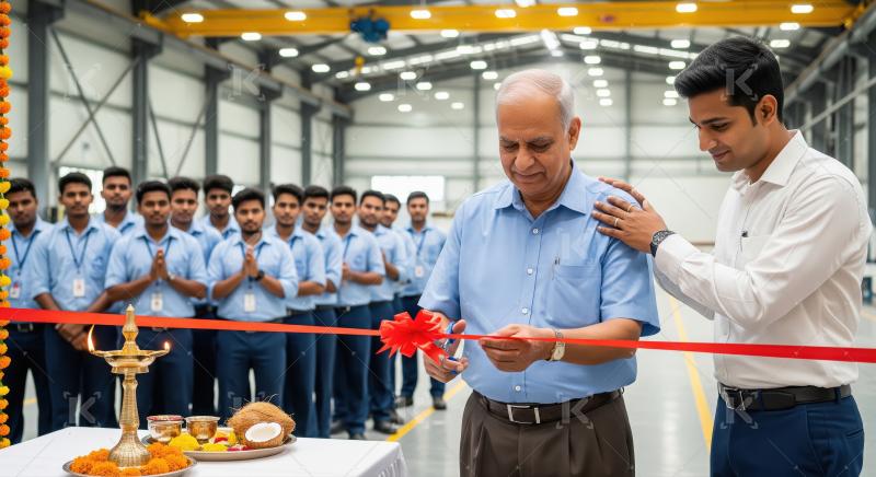 Indian factory opening ceremony: leaders cut ribbon with workers