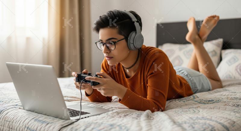 Young Person Gaming with Controller and Headphones on Laptop in