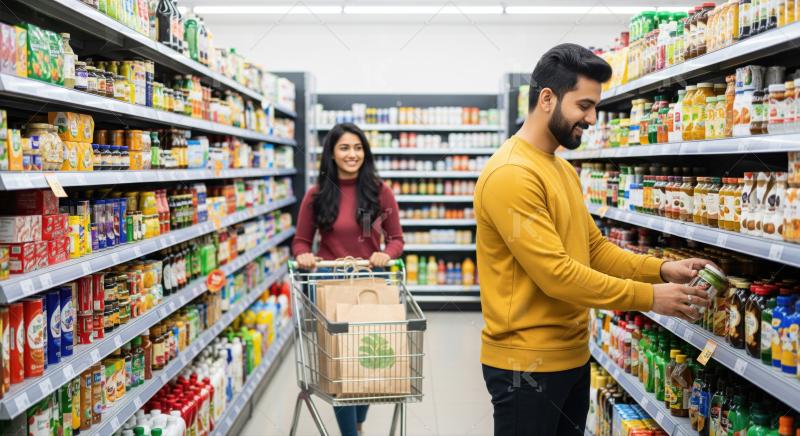 Young couple enjoys shopping for groceries at modern supermarket
