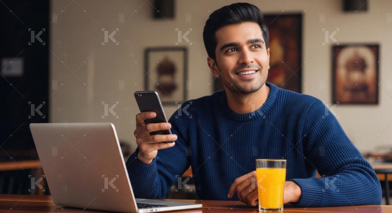 Smiling Man Engaged with Phone and Laptop in Cafe