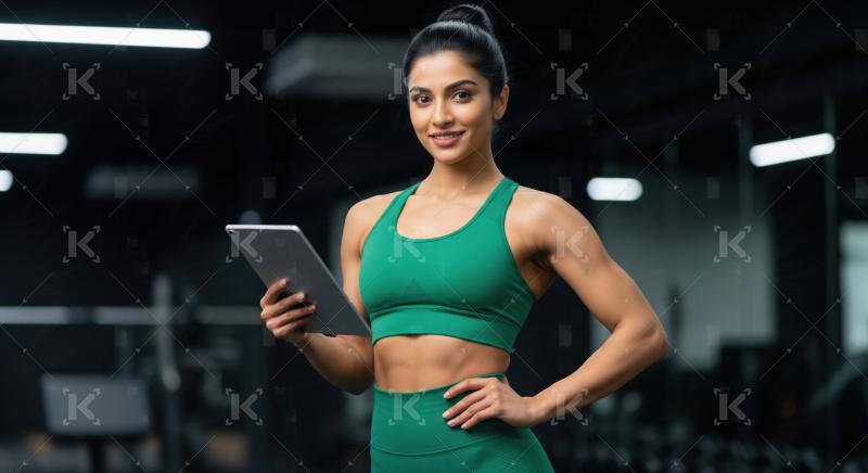Fit Indian Woman with Tablet in Modern Gym