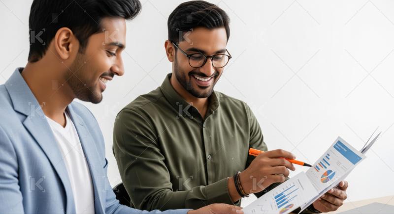 Two Young Businessmen Analyzing Data Charts Collaboratively, Smi