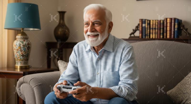 Joyful Senior Man Playing Video Games with a Controller at Home